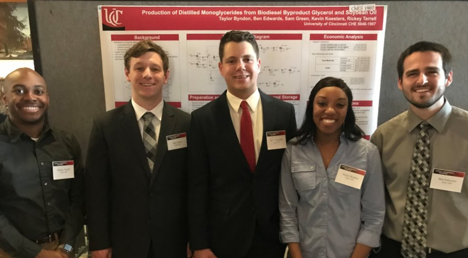 A group of students standing in front of their poster presentation.