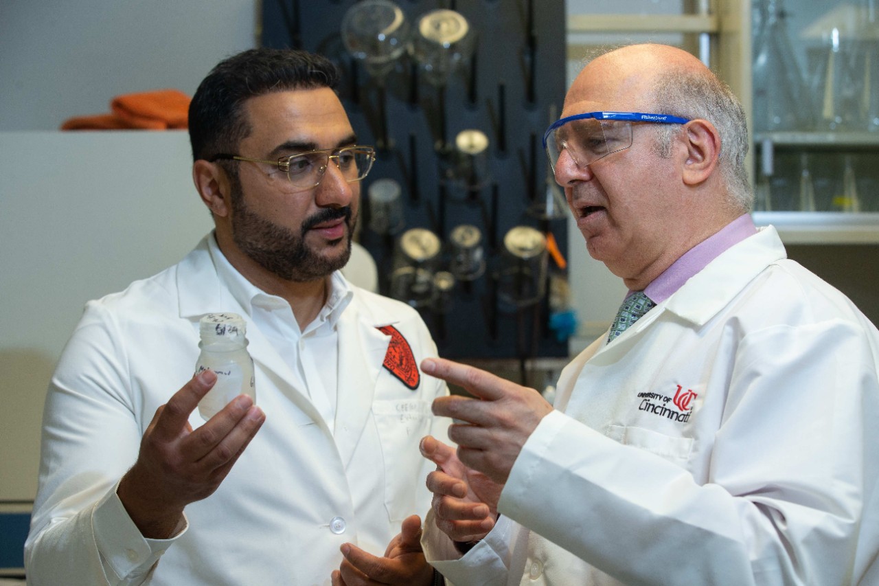 UC College of Engineering and Applied Science professor Dionysios Dionysiou was recognized by Saudi Arabia for his nanotechnology water research. Shown here with UC College of Engineering and Applied Science graduate Abdulaziz Al Anazi, who will be honored as part of Dr. Dionysiou's team.