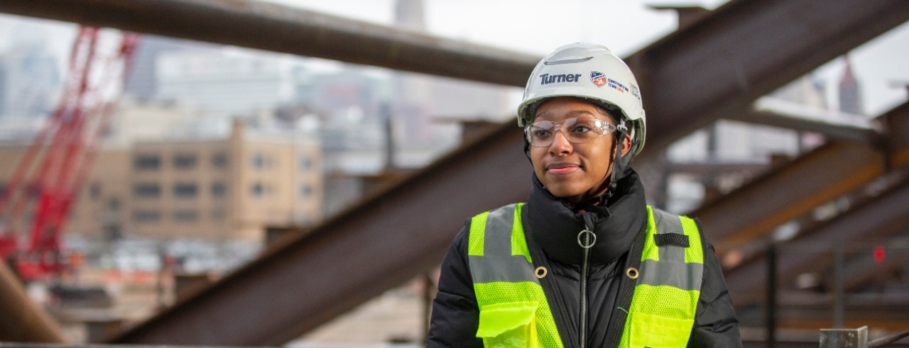 Student in hard hat at co-op site