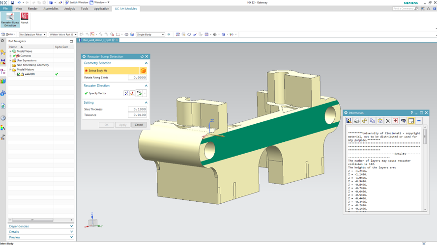 Custom GUI and result output for recoater arm collision detection in Siemens NX Modeling