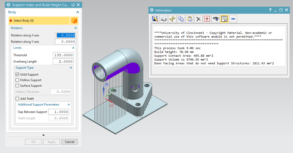 GUI and Output Window of the Support Visualization Tool in Siemens NX