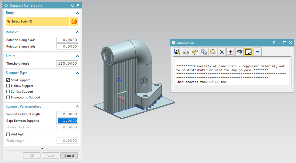 GUI and Output Window of the Support Generation Tool in Siemens NX