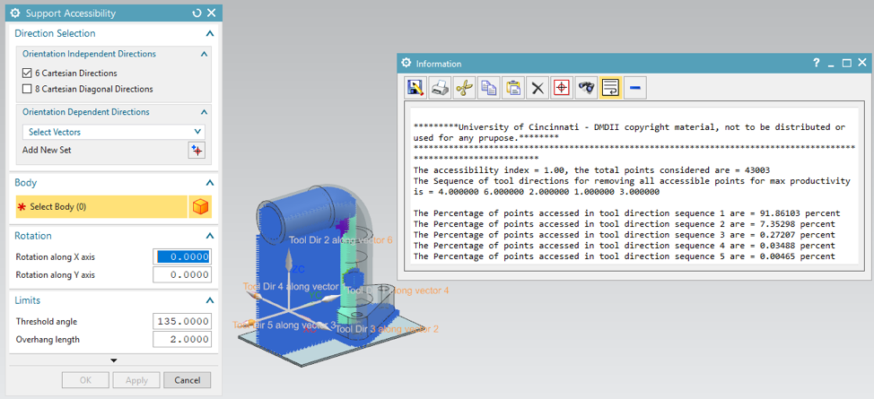 GUI and Output Window of the Accessibility and Setup Analysis Tool in Siemens NX