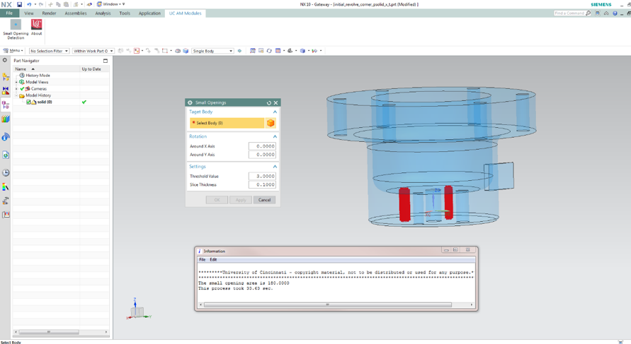 Custom GUI and result output for small opening detection in Siemens NX Modeling