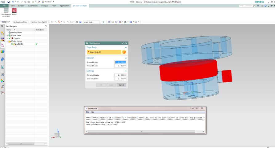 Custom GUI and result output for thin feature detection in Siemens NX Modeling