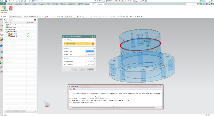 Custom GUI and result output for thin thick transition in Siemens NX Modeling