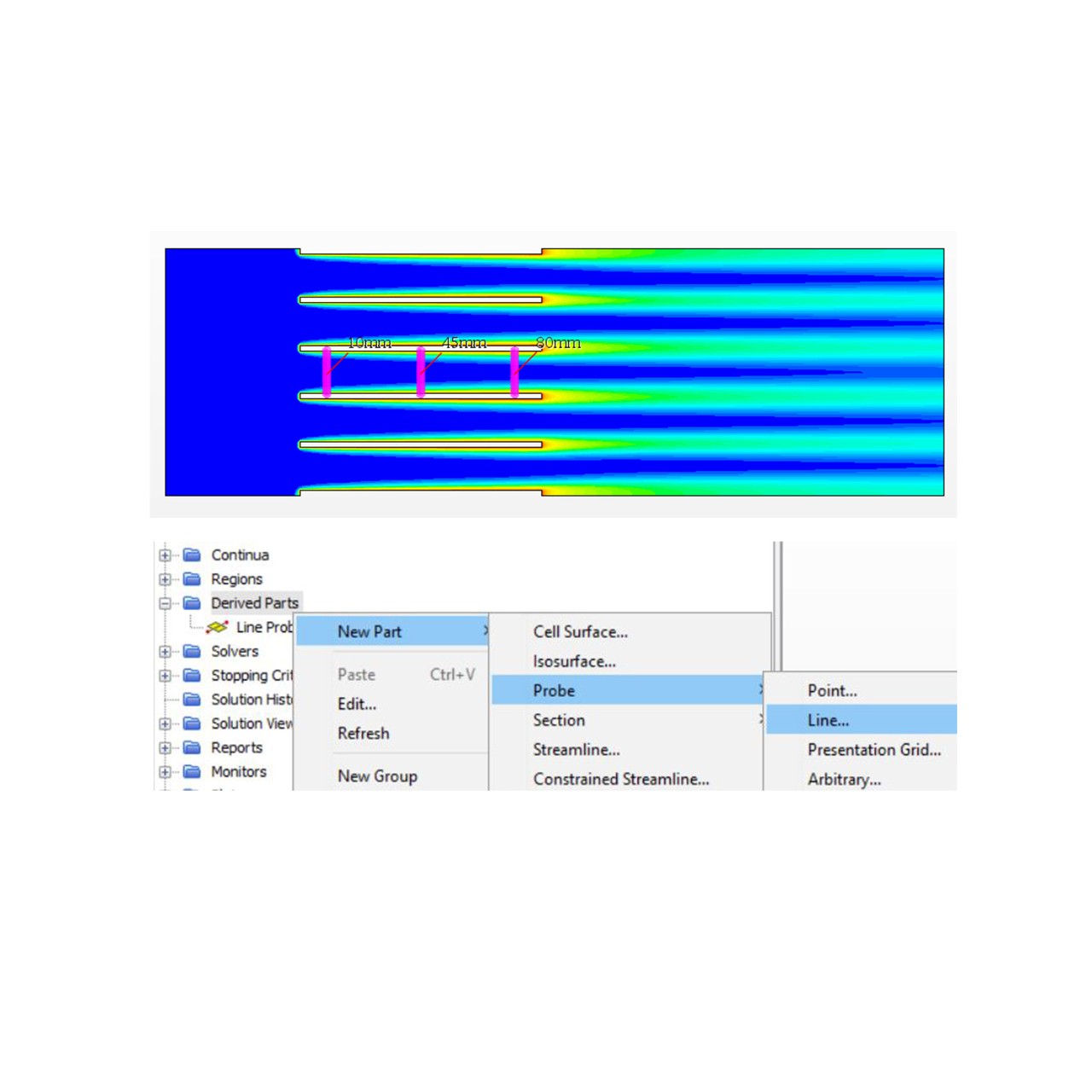Figure 55 Create 3 line probes in between fins